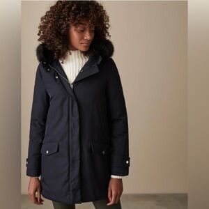 Down-filled Size 2 oversized Reiss navy puffer coat (missing faux fur)